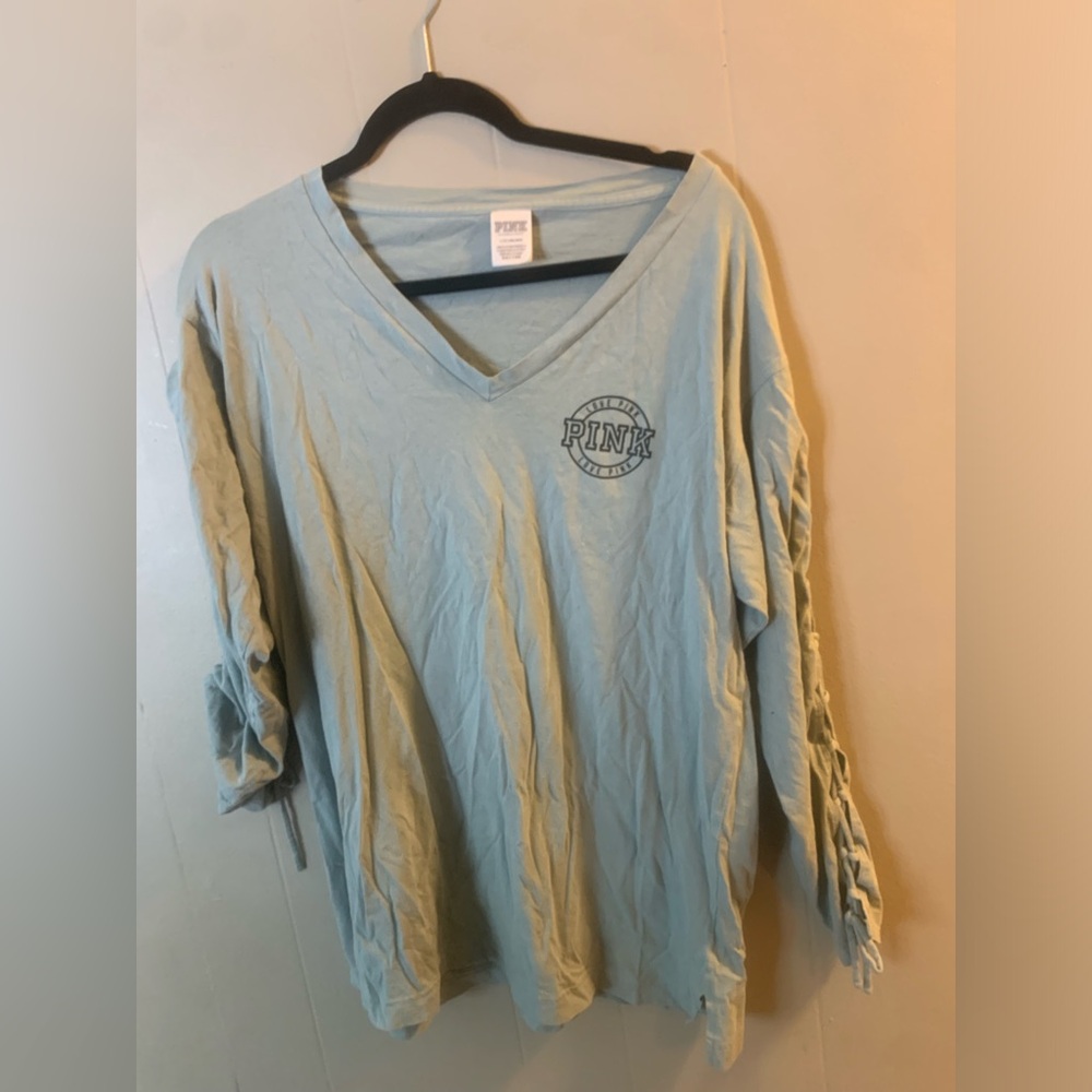 PINK grey/blue long sleeve tie sleeves top L
